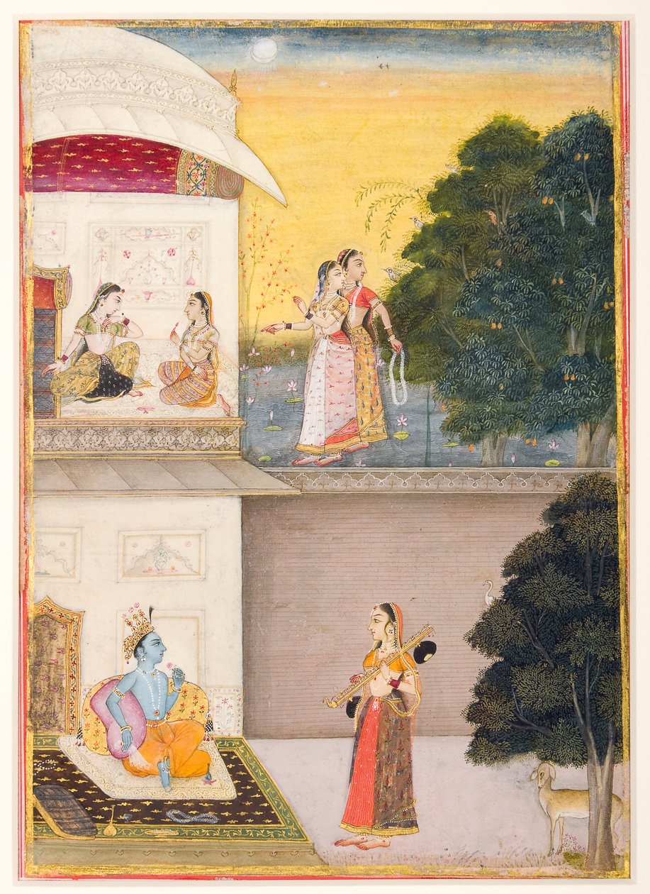 Radha tulee Krishnan luo vinaan, 1685 (läpinäkymätön wc ja kulta paperilla) tekijältä Ruknudin of Bikaner
