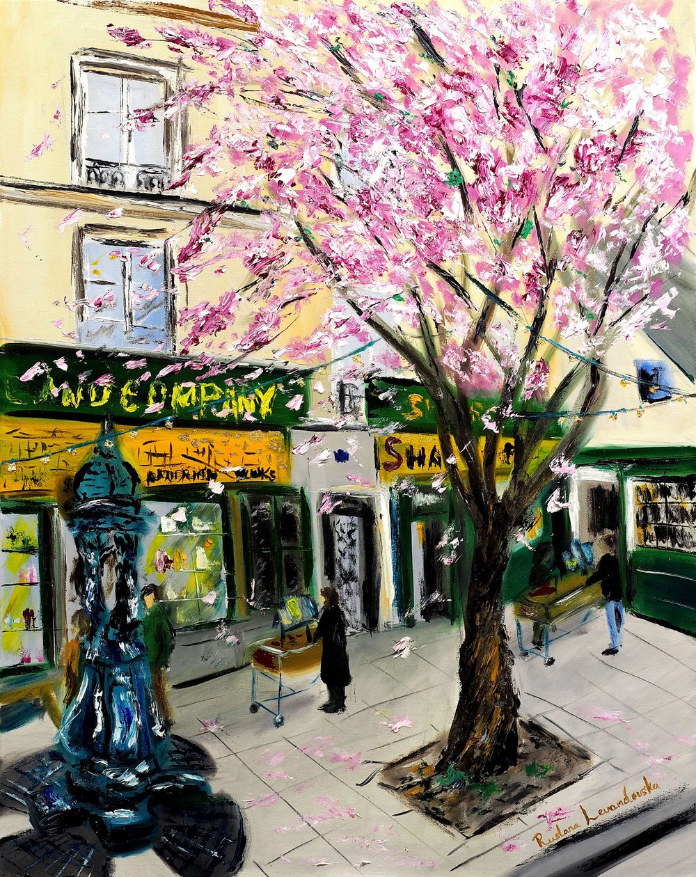 Cherry Blossoms at Shakespeare and Co Paris - kultakoristeella, 2023 (öljy kankaalle) tekijältä Ruslana Levandovska