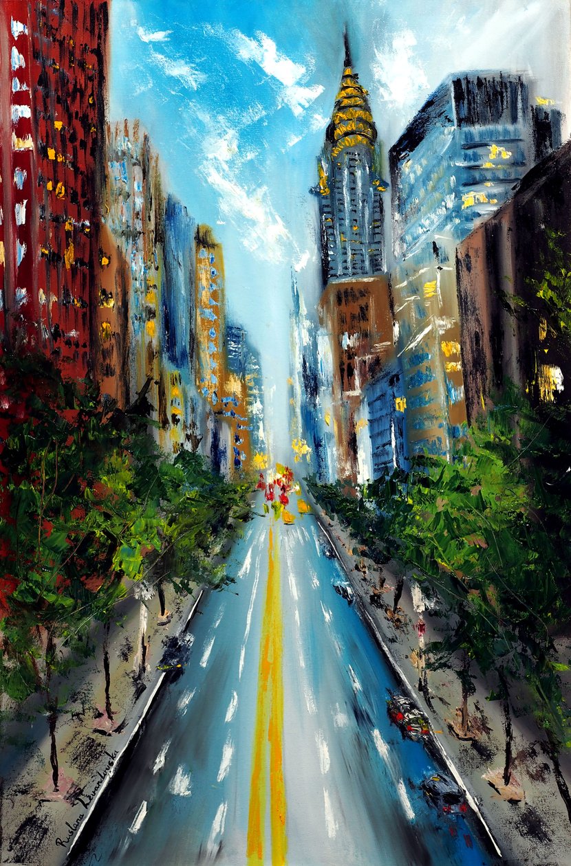 Manhattan Street New York, 2022 (öljy kankaalle) tekijältä Ruslana Levandovska