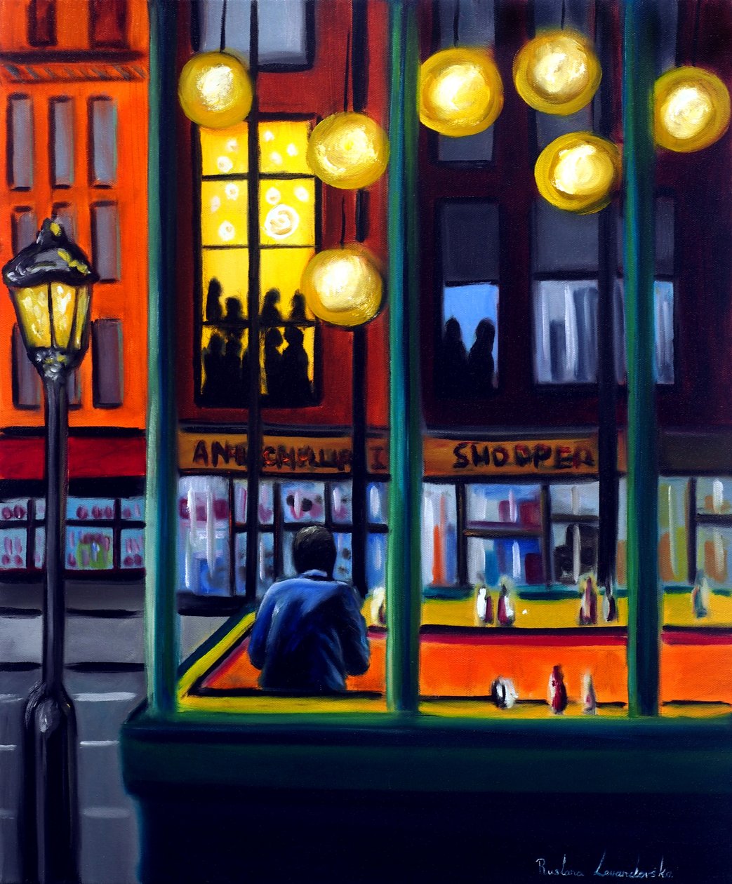 Nightfall Cafe, 2025 (öljy kankaalle) tekijältä Ruslana Levandovska