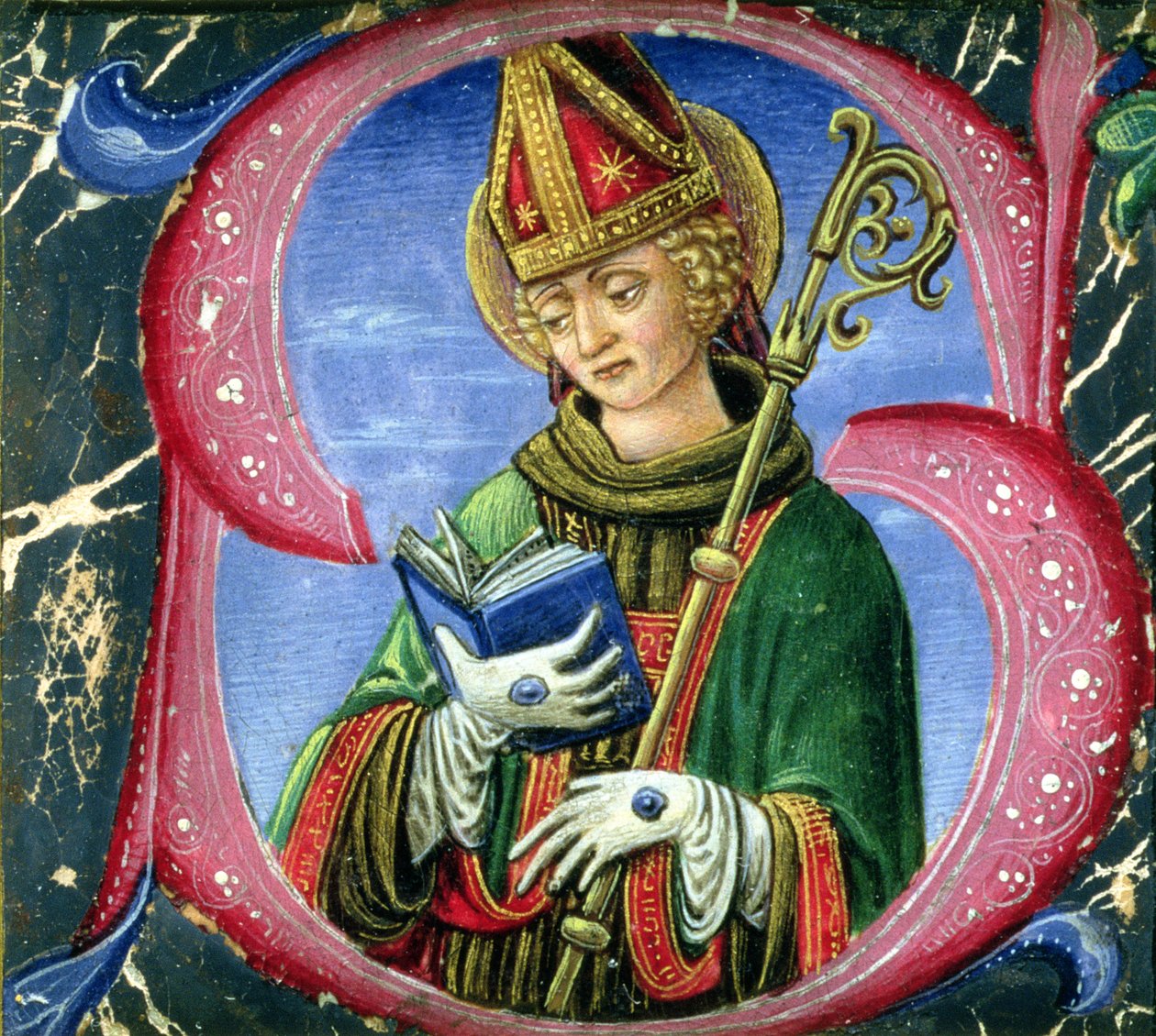 Historioitu alkukirjain S, joka kuvaa piispa pyhää, n. 1470 tekijältä Russi Francesco di Giovanni de