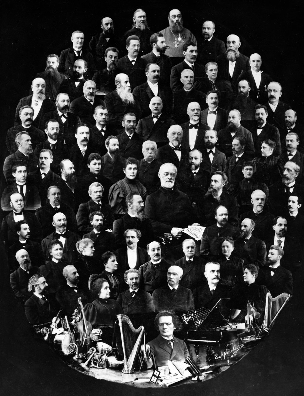 Montaasi muotokuvista, joissa näkyy opettajia Pietarin konservatoriossa, Venäjän vanhimmassa musiikkiakatemiassa, 1896 tekijältä Russian Photographer