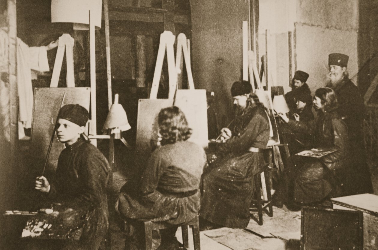 Ikonimaalaus Valamon luostarissa Laatokan rannalla, n.1885 (seepiakuva) tekijältä Russian Photographer