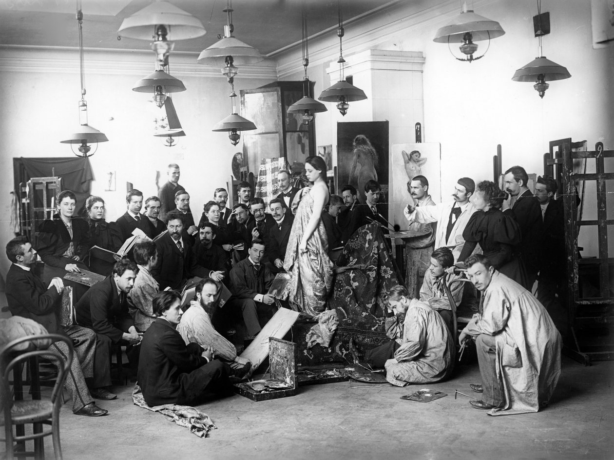 Ilja Repin opettaa elämänluokkaa keisarillisessa akatemiassa Pietarissa, 1898 tekijältä Russian Photographer