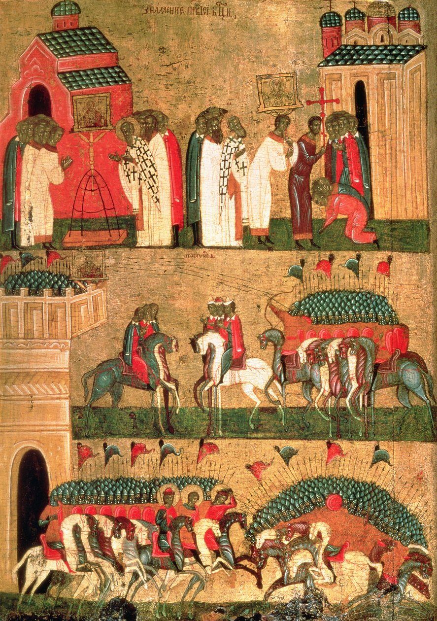 Novgorodlaisten taistelu suzdalien kanssa, Novgorodin koulu, 1400-luvun puoliväli (tempera ja kulta paneelissa) tekijältä Russian School