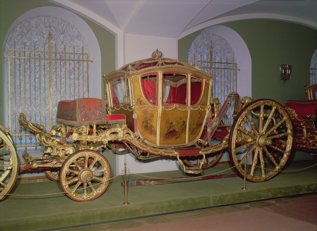 Keisarinna Katariina II:n Berliinin vaunu, puu, kohokuvioitu pronssi, kaiverrus ja kultaus gesso-maalla, maalatut paneelit, Pietari, 1769 tekijältä Russian School