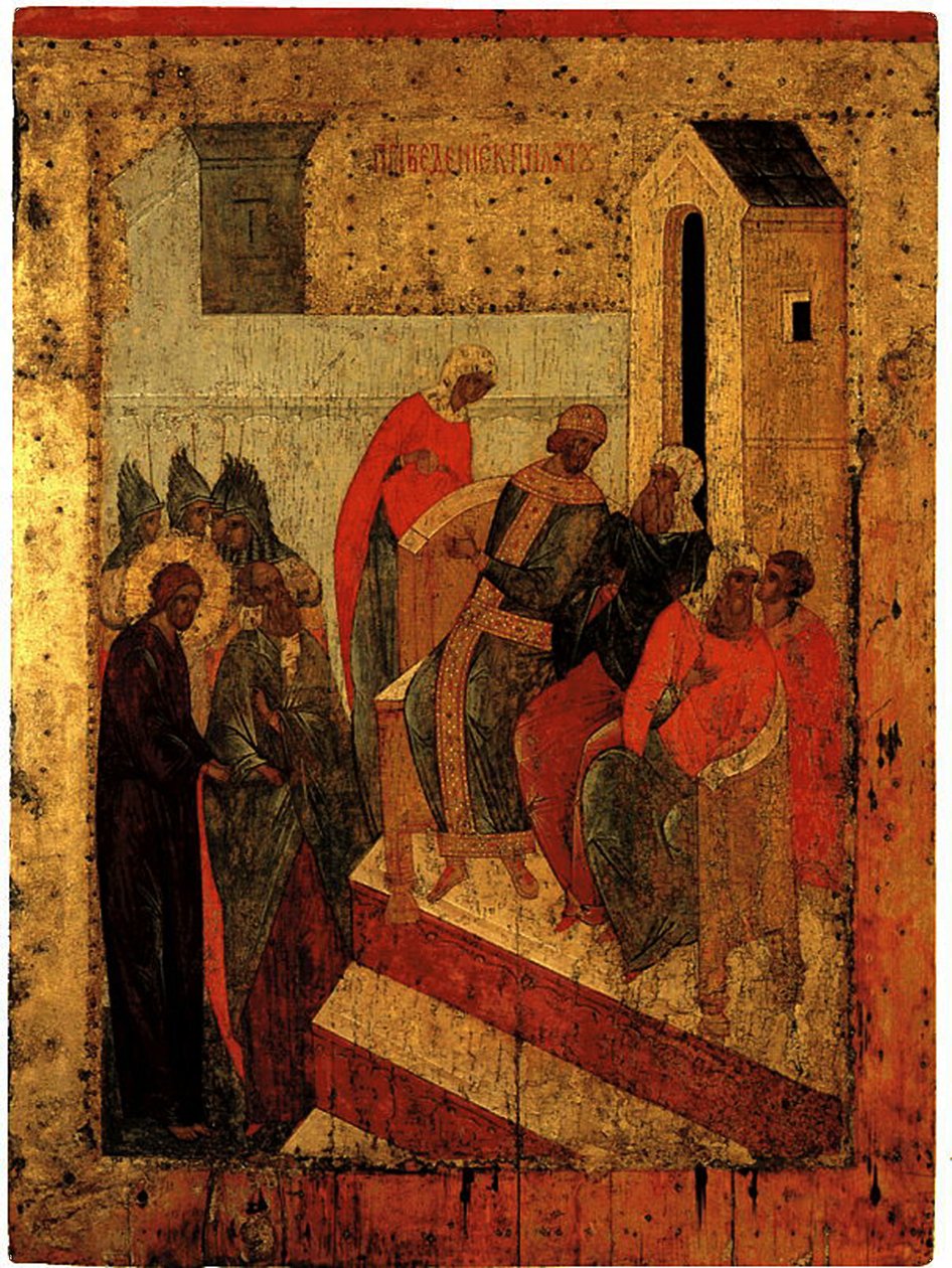 Kristus Pilatuksen edessä, n. 1497 (tempera ja kultalehti taulussa) tekijältä Russian School