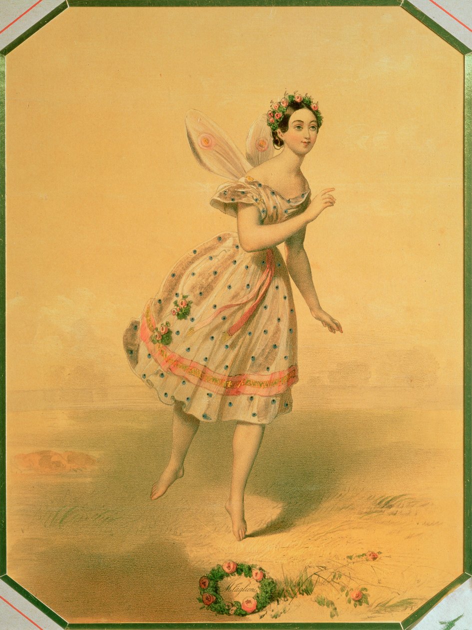 Tanssija Maria Taglioni (1804-84) baletissa "Sylphides", 1840 (värikynä paperille) tekijältä Russian School