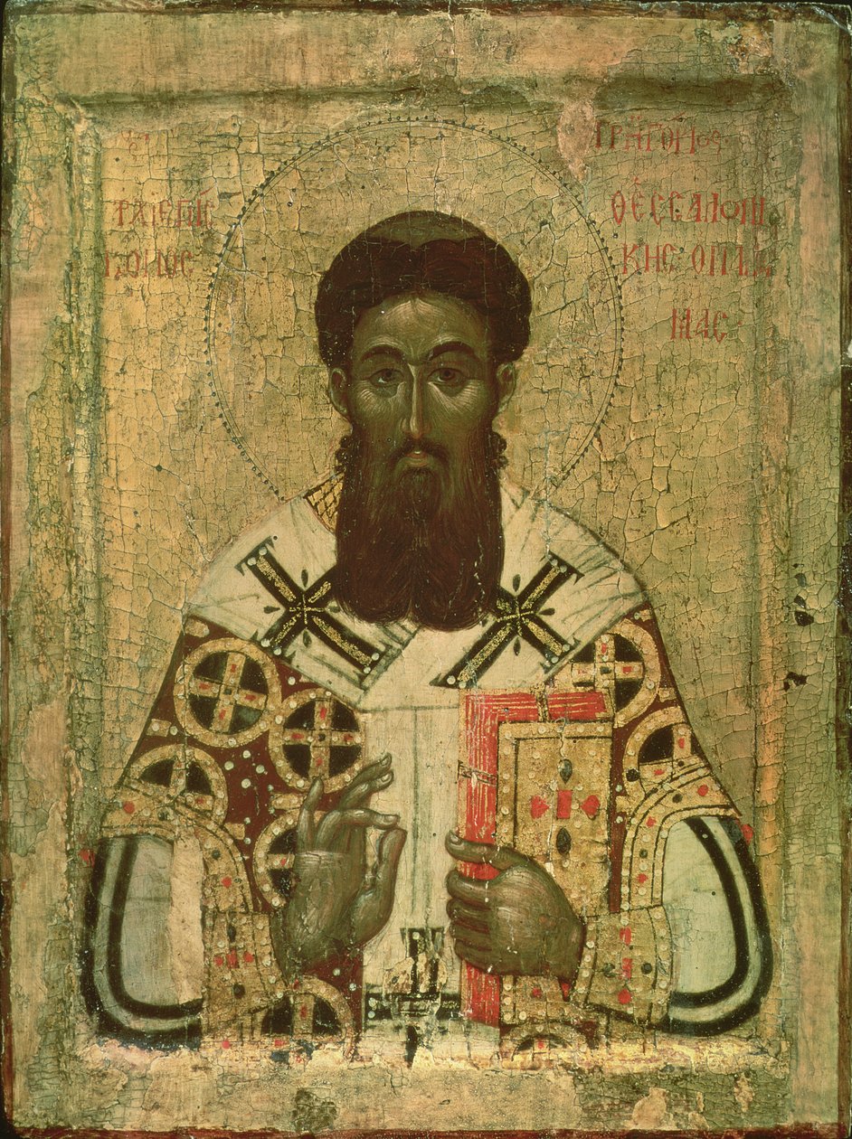 Pyhän Gregorian (335-390) Thessalonikin arkkipiispan ikoni (tempera paperilla) tekijältä Russian School