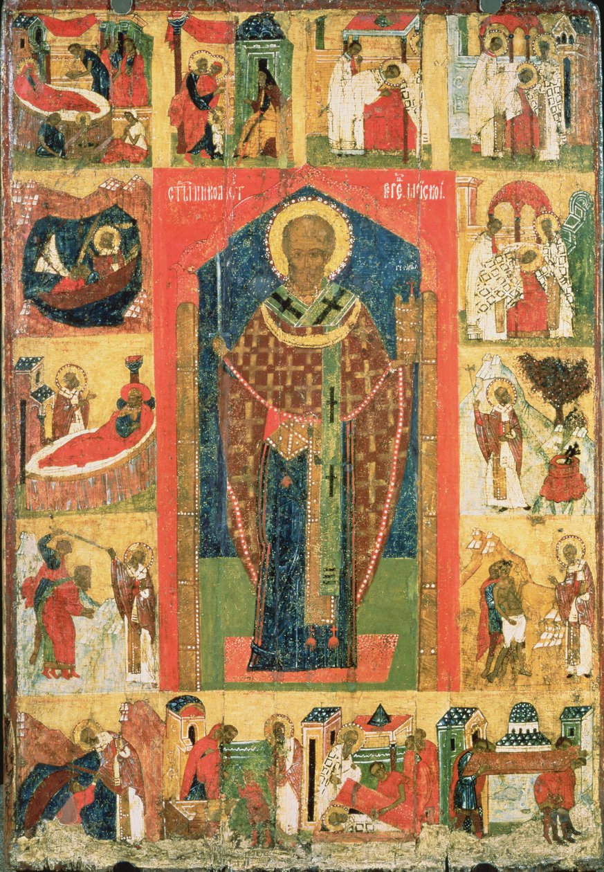 Pyhä Nikolaus Moshajsk kohtauksilla elämästään (tempera taulussa) tekijältä Russian School