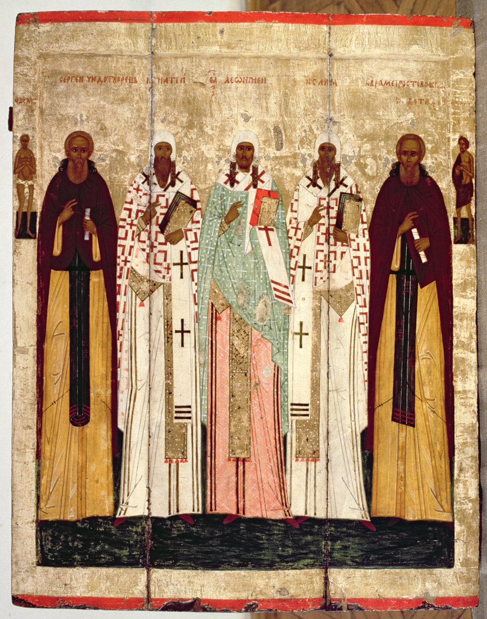 Pyhä Sergius Radoneshilainen Rostovin pyhien kanssa, 1400-luvun loppu (tempera taulussa) tekijältä Russian School