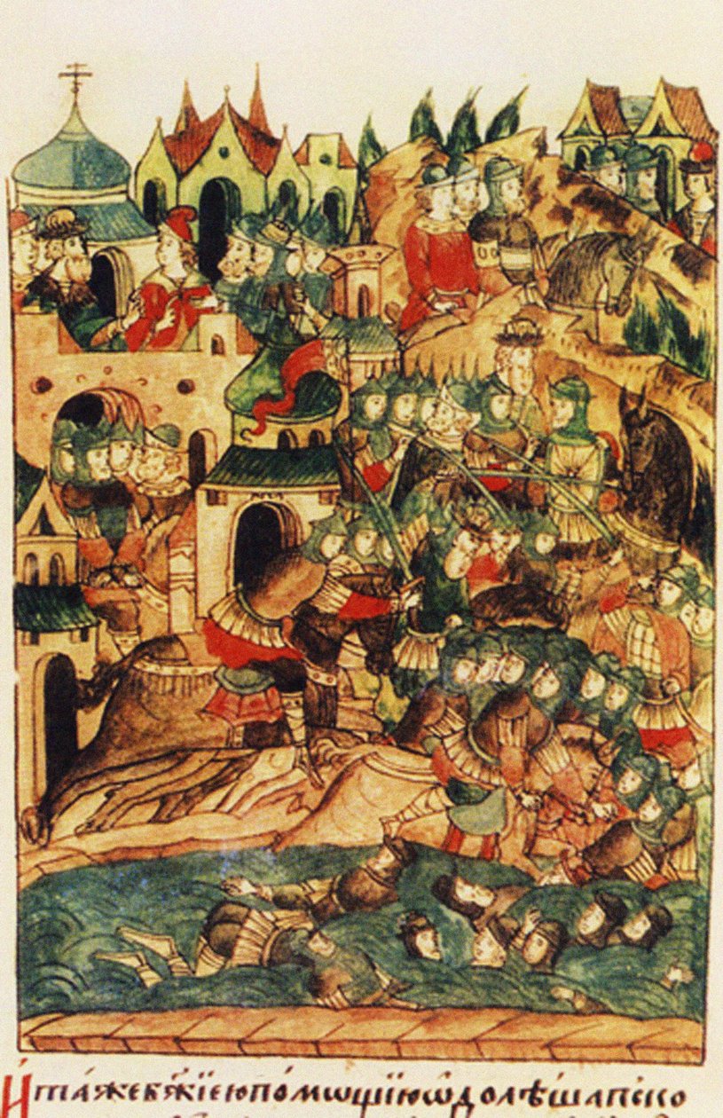Wesenbergin taistelu 18. helmikuuta 1268 Illuminated Compiled Chronicle -kirjasta, 1500-luvun toinen puoli tekijältä Russian School