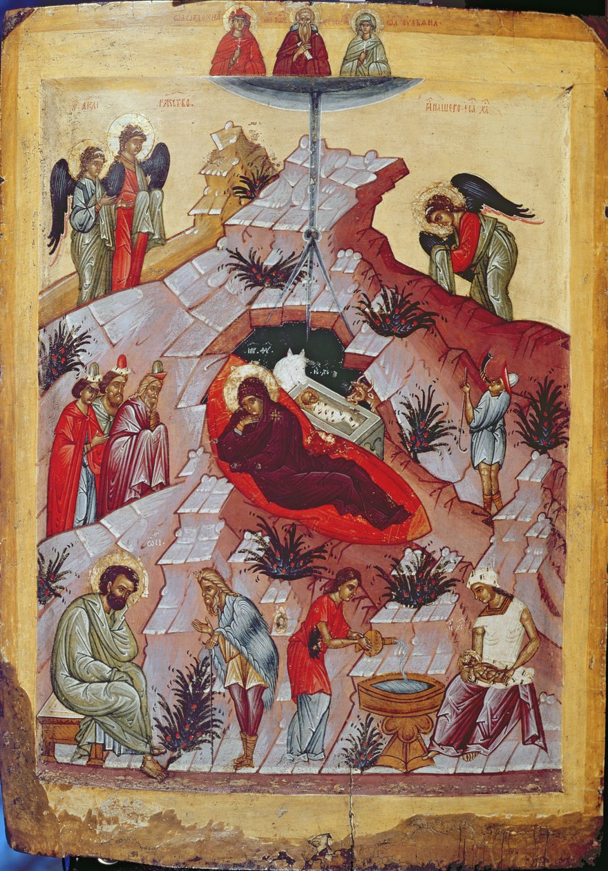 Syntymä, venäläinen ikoni, 1500-luku (tempera paneelissa) tekijältä Russian School