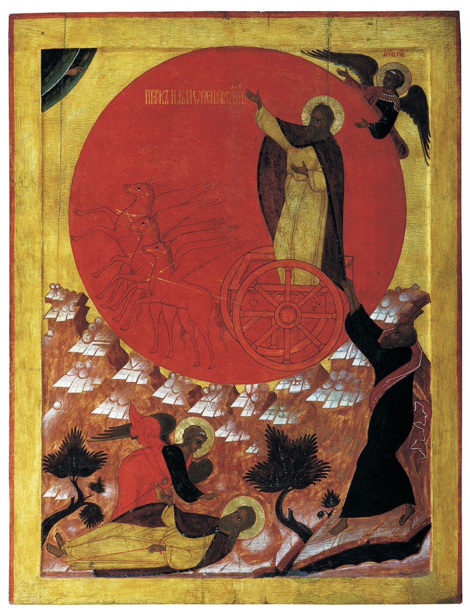 Profeetta Elia ja tuliset vaunut, noin 1570 (tempera, paneeli). tekijältä Russian School