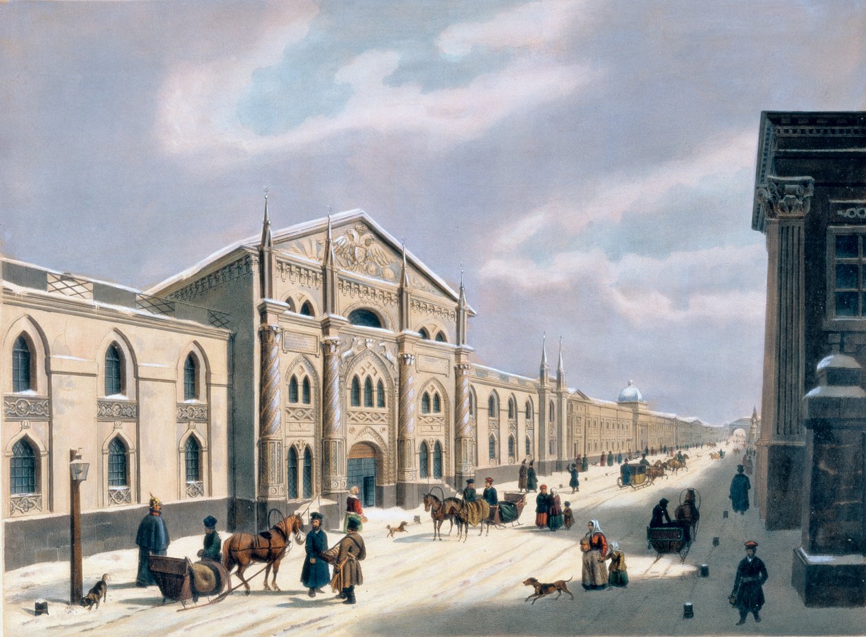 Synodal-painotalo Nikolyskaja-kadulla Moskovassa, 1840-luku (värilitografia) tekijältä Russian School