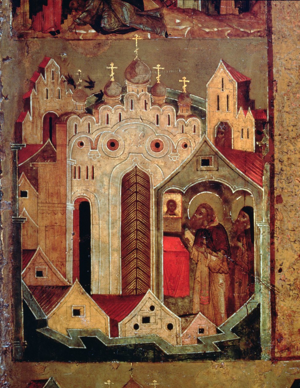 Pyhän Sergiuksen Radoneshilaisen visio, 1640-luku (tempera paneelissa) (yksityiskohta 140825) tekijältä Russian School