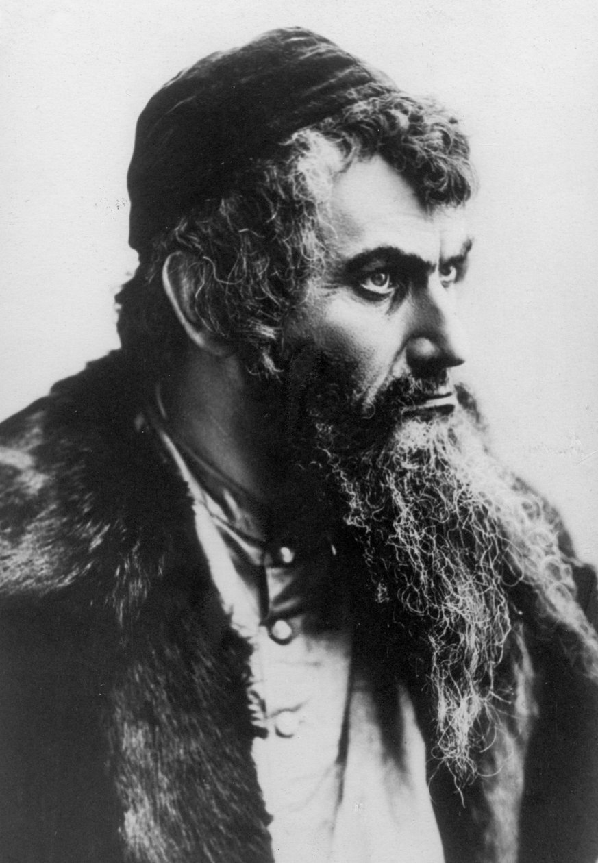 Raphael Adelheim Shylockin roolissa vuoden 1898 venäläisessä tuotannossa "Venetsialainen kauppias" tekijältä Russian Photographer