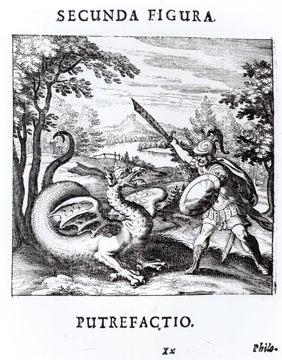 Ritari kukistaa lohikäärmeen ruumiillistuvan "Mädän" Basil Valentinen teoksesta "Musaeum Hermeticum Reformatum", 1678 tekijältä Russian School