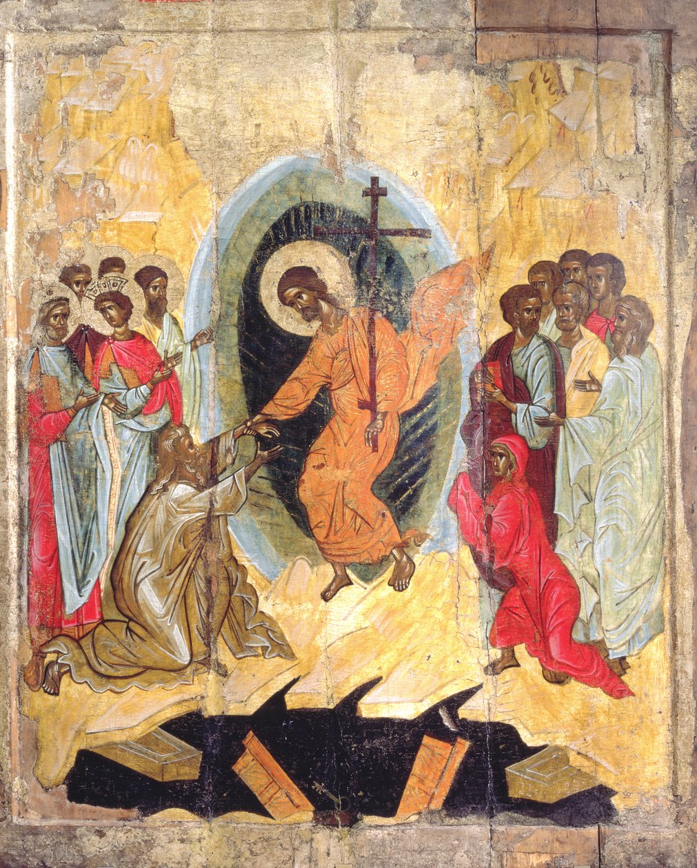 Kristuksen laskeutuminen helvettiin, venäläinen ikoni, Novgorodin koulu, 1300-luvun loppu (tempera paneelissa) tekijältä Russian School
