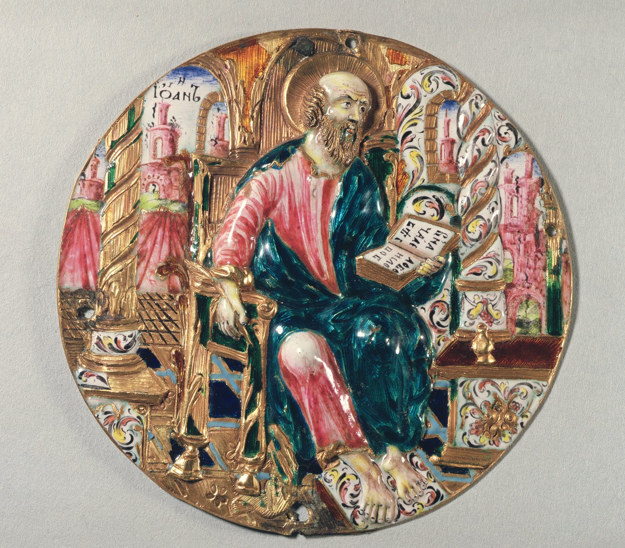 Kullattu ja emalilaatta, jossa on evankelista Johannes, Moskovan Kremlin työpaja, 1600-luku (kulta ja emali) tekijältä Russian School