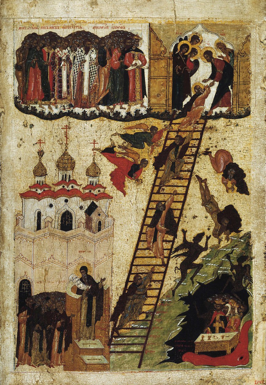 St. John Climacuksen taivaalliset tikkaat (tempera paneelissa) tekijältä Russian School