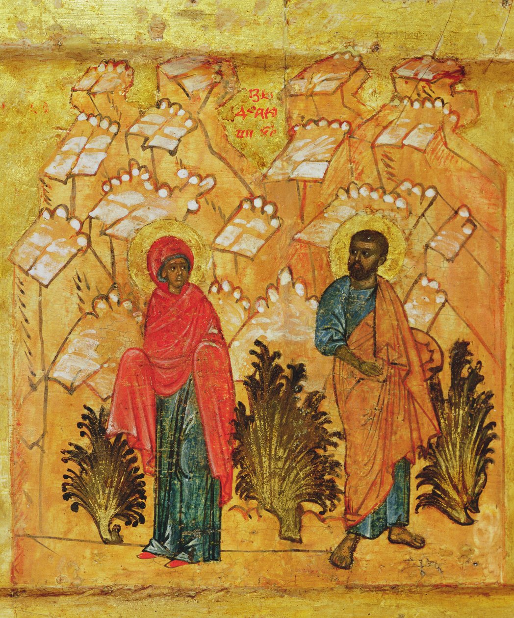 Neitsyt Mariaa ja Joosefia kuvaava ikoni, n. 1550 (tempera & kultalehti paneelissa) (314500 yksityiskohta) tekijältä Russian School