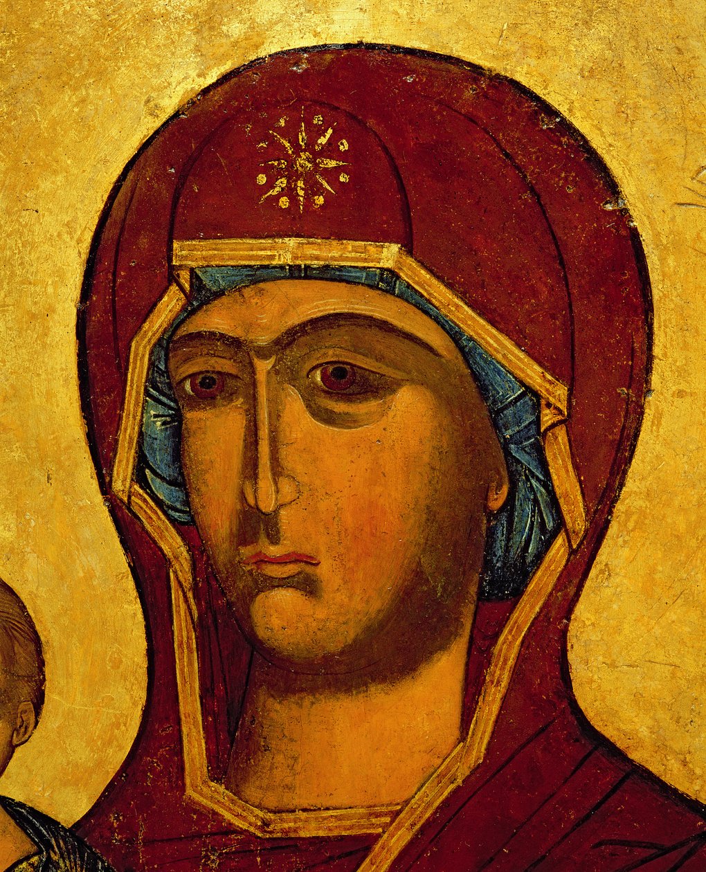 Neitsyen päätä kuvaava ikoni, n. 1550 (tempera & kultalehti paneelissa) (yksityiskohta 314500) tekijältä Russian School