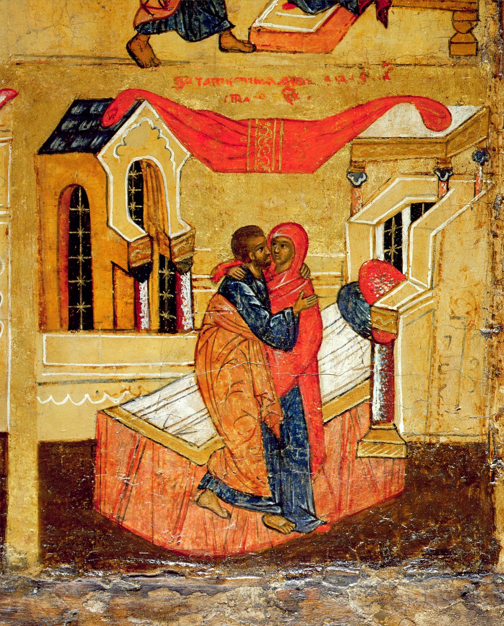 Kultaisen portin tapaamista kuvaava ikoni, n. 1550 (tempera & kultalehti paneelissa) (314500:n yksityiskohta) tekijältä Russian School