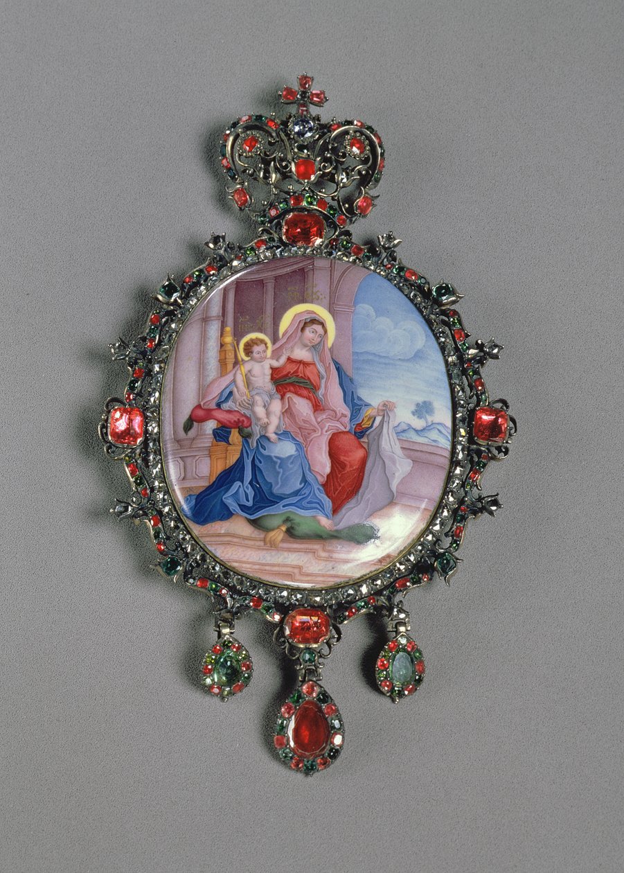 Panagia, jossa on miniatyyri Madonna ja lapsi (maalattu emali ja kohokuvioitu hopeasetti jalokivillä) tekijältä Russian School