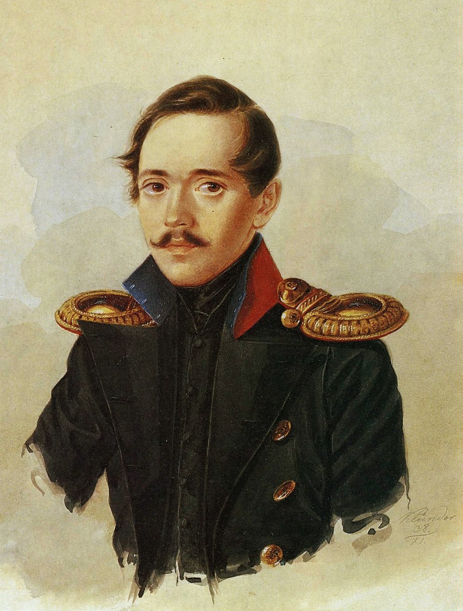 Mihail Lermontovin muotokuva, n. 1838 tekijältä Russian School