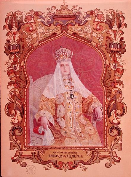 Tsaariina Aleksandra Fedorovnan (1872-1918) muotokuva perinteisessä kruunauspuvussa, n. 1894 (katso myös 173581) tekijältä Russian School