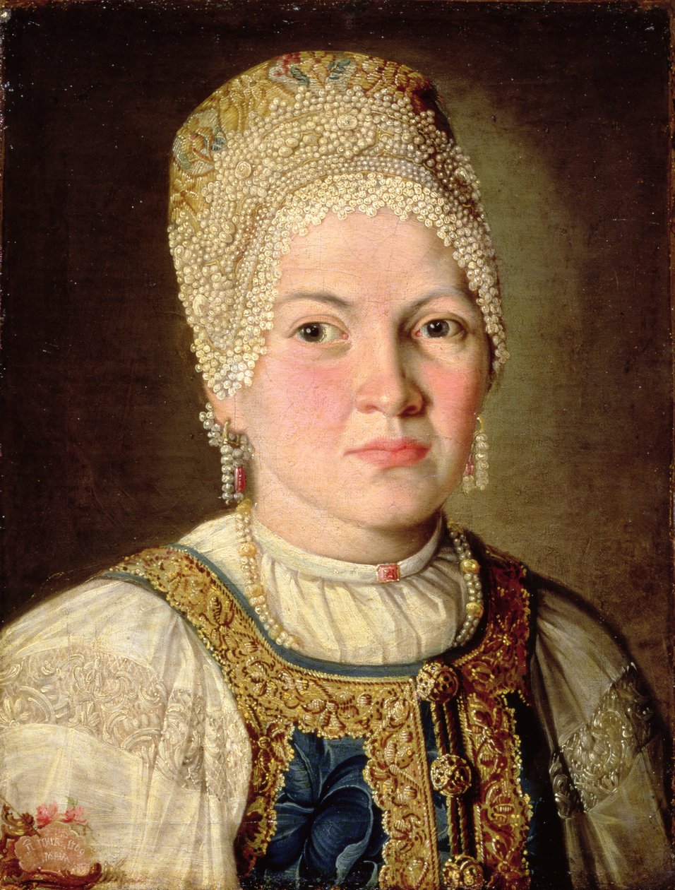 Naisen muotokuva venäläisasussa, 1769 tekijältä Russian School