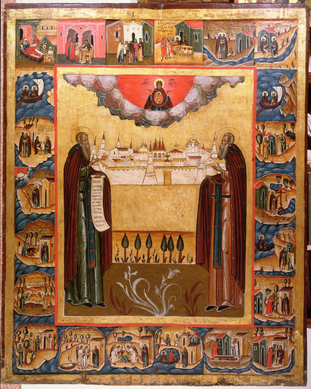 Solovetskin pyhät Zosimus ja Sabbatheus kohtauksineen elämästään 1700-luvulta (tempera taulussa) tekijältä Russian School
