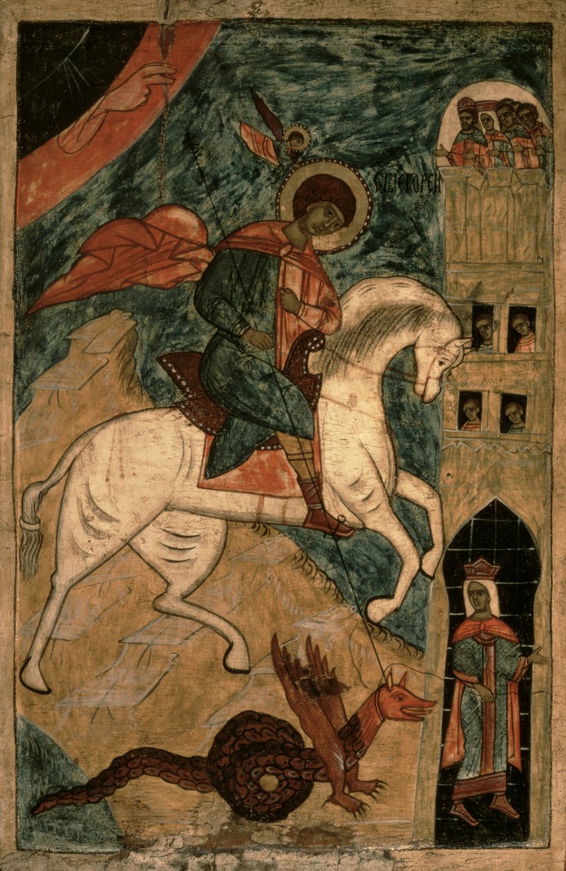 Pyhä Yrjö ja lohikäärme, venäläinen ikoni Vologdasta, 1400-luku (tempera paneelissa) tekijältä Russian School
