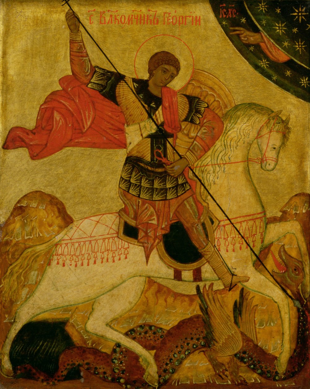 St. George tappamassa lohikäärmettä (tempera paneelissa) tekijältä Russian School