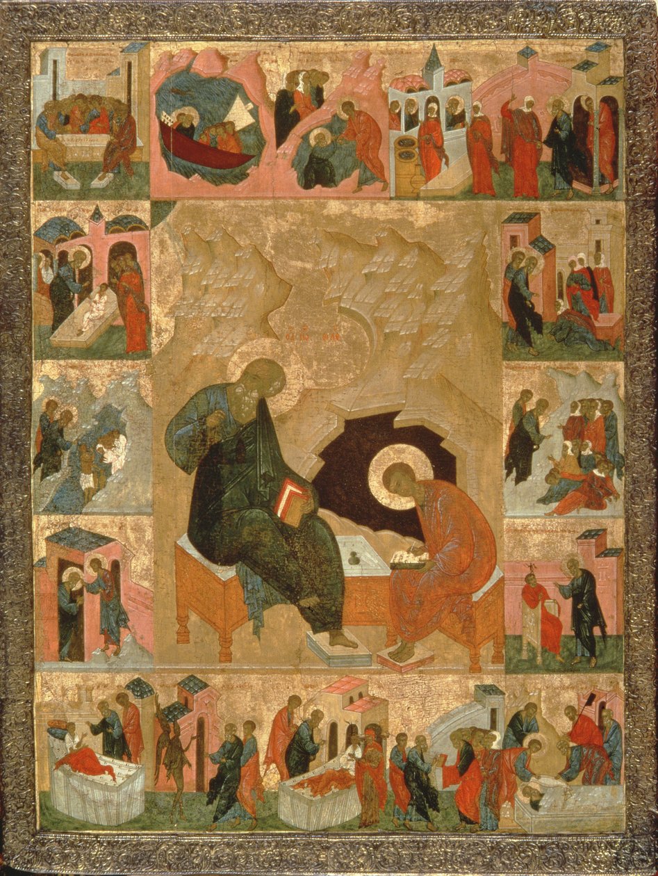 Pyhä Johannes evankelista ja hänen kirjanoppinsa, n. 1500 (tempera puulla) tekijältä Russian School