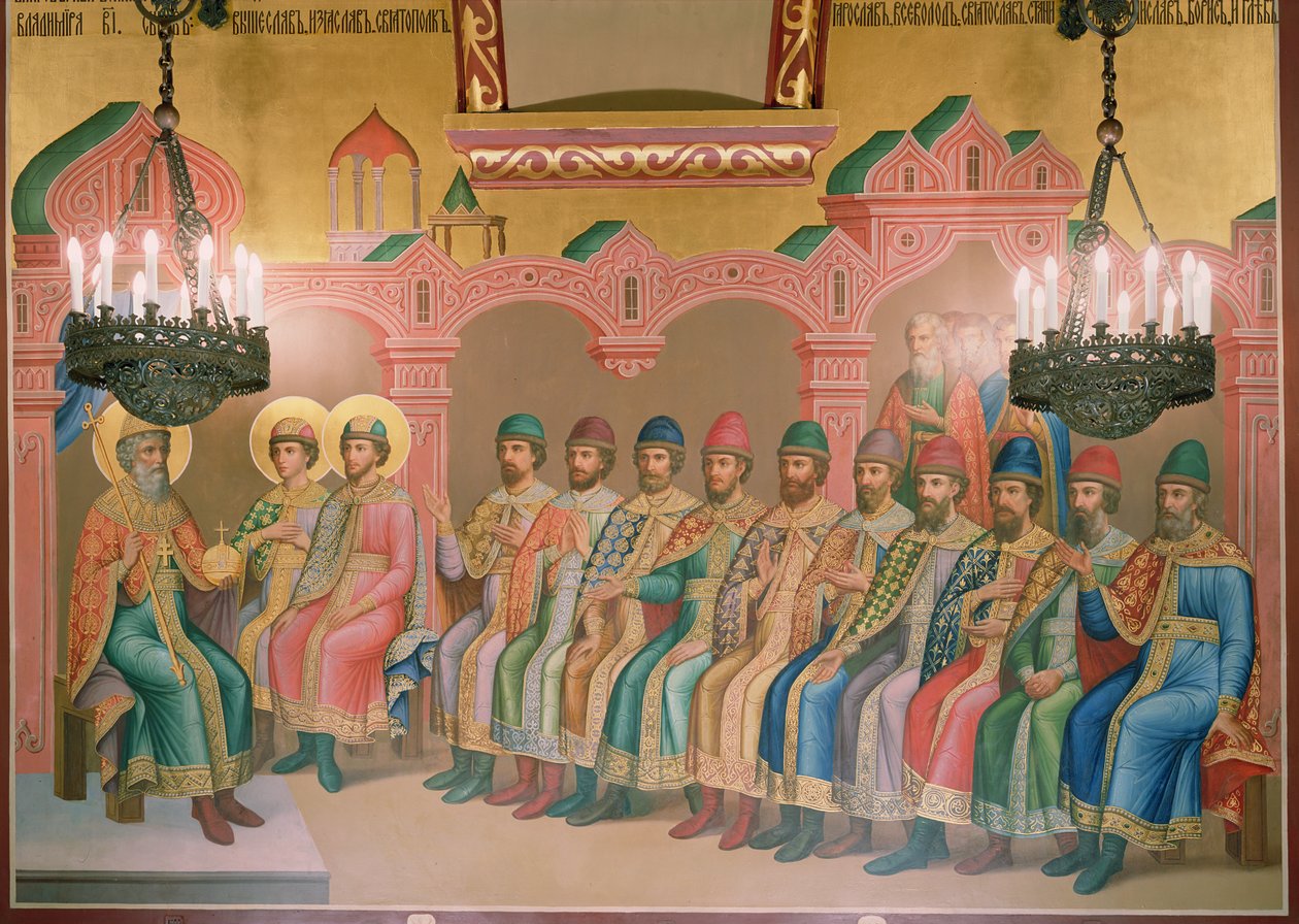 Pyhä Vladimir, Kiovan suurherttua ja hänen poikansa, Palekh-mestarien seinämaalaus Faseted Chamberissa, 1882 (seinämaalaus) tekijältä Russian School