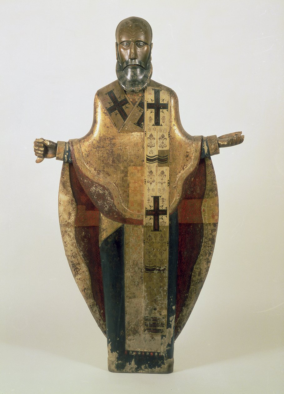 Pyhän Nikolauksen Moshaiskin patsas, venäjä, 1500-luvun loppu (puu, koristeellinen brokaatti, gesso, tempera) tekijältä Russian School