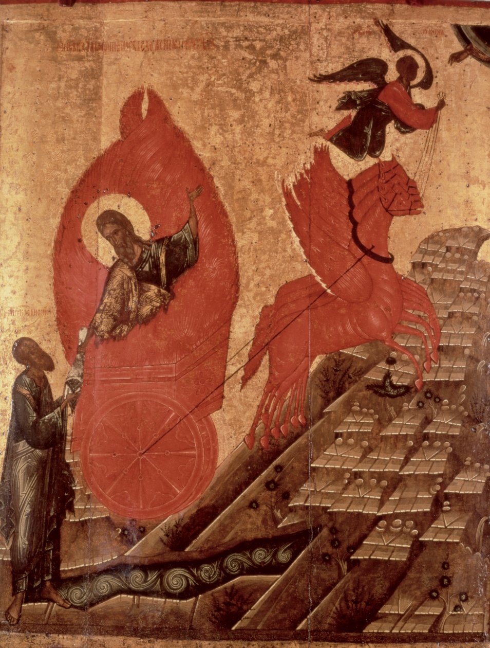 Elian taivaaseenastuminen, ikoni, Pihkovan koulu, n.1650 (tempera paneelissa) tekijältä Russian School