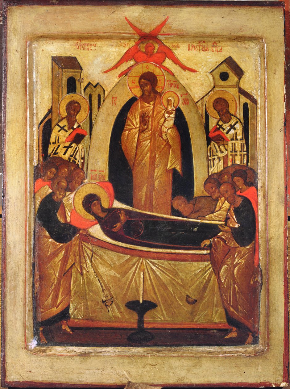 Neitsyen Dormition (tempera ja kultalehti paneelissa) tekijältä Russian School