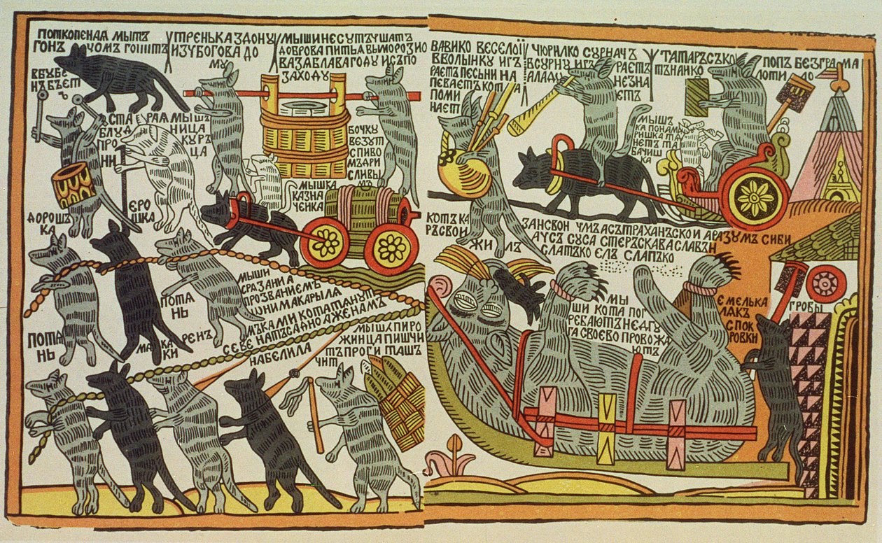 Hiiret hautaavat kissan, venäjä, 1700-luvun loppu (puupiirros) tekijältä Russian School