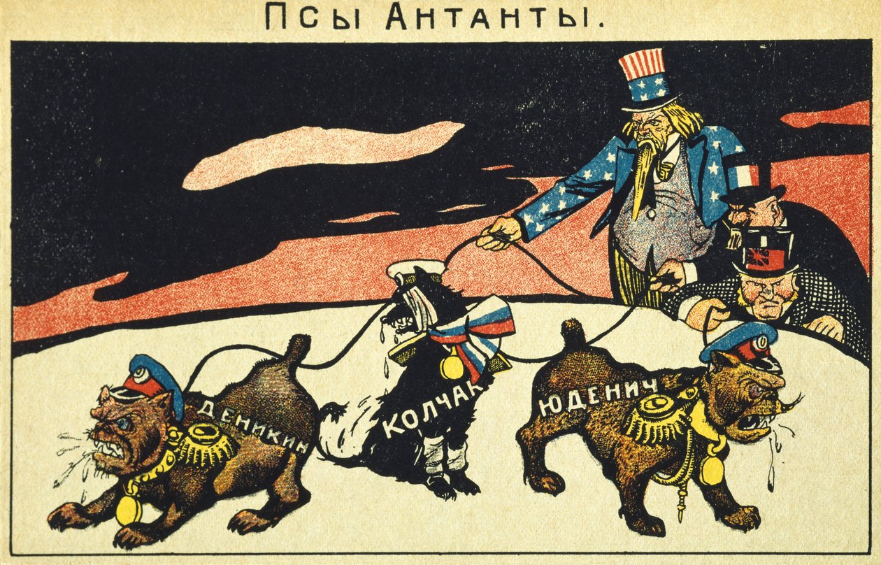 Kapitalistit päästävät koiransa valloilleen, bolshevikkien propagandamanifesti, Venäjän vallankumous, Venäjä, 1900-luku (etsaus) tekijältä Russian School