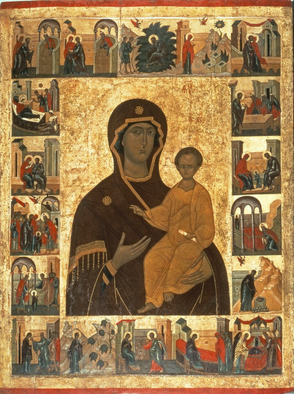 Neitsyt Hodegetria Icon of Smolensk, n. 1450 (tempera kankaalla, gessolla ja puulla) tekijältä Russian School