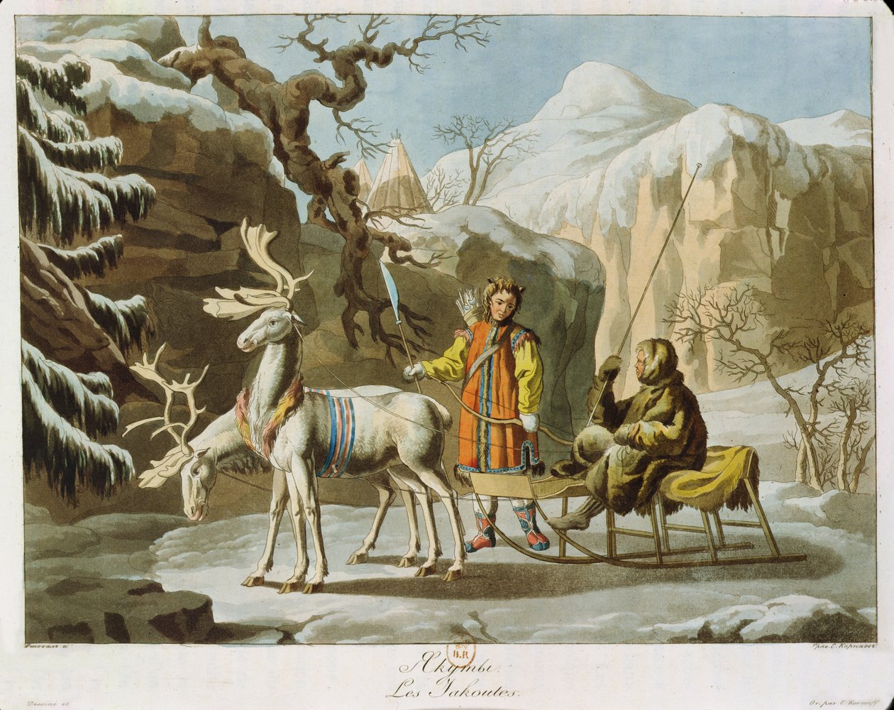Keski-Siperian jakutit talvimaisemassa, turkiksiin pukeutuneena ja pororeellä, julkaistu 1813 (akvatinta) tekijältä Russian School