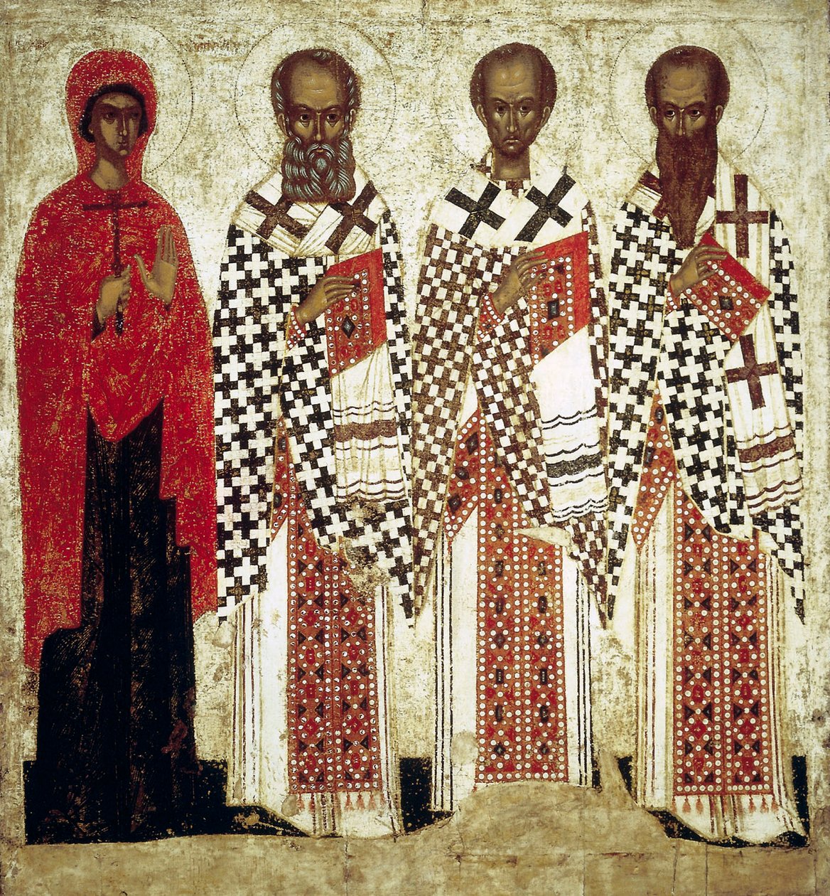 Paraskeva Pyatnitsa, Gregorius Teologi, Johannes Krysostomos ja Basil Suuri, 1400-luvun alku tekijältä Russian icon.