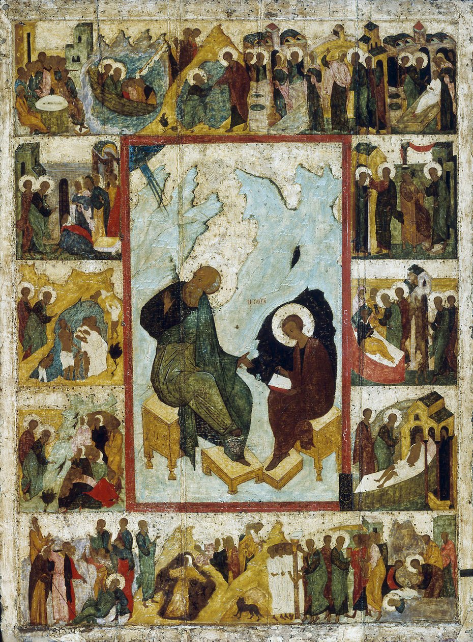 Pyhä Johannes evankelista Patmosella kohtauksia hänen elämästään, 1500-luvun alku. tekijältä Russian icon.