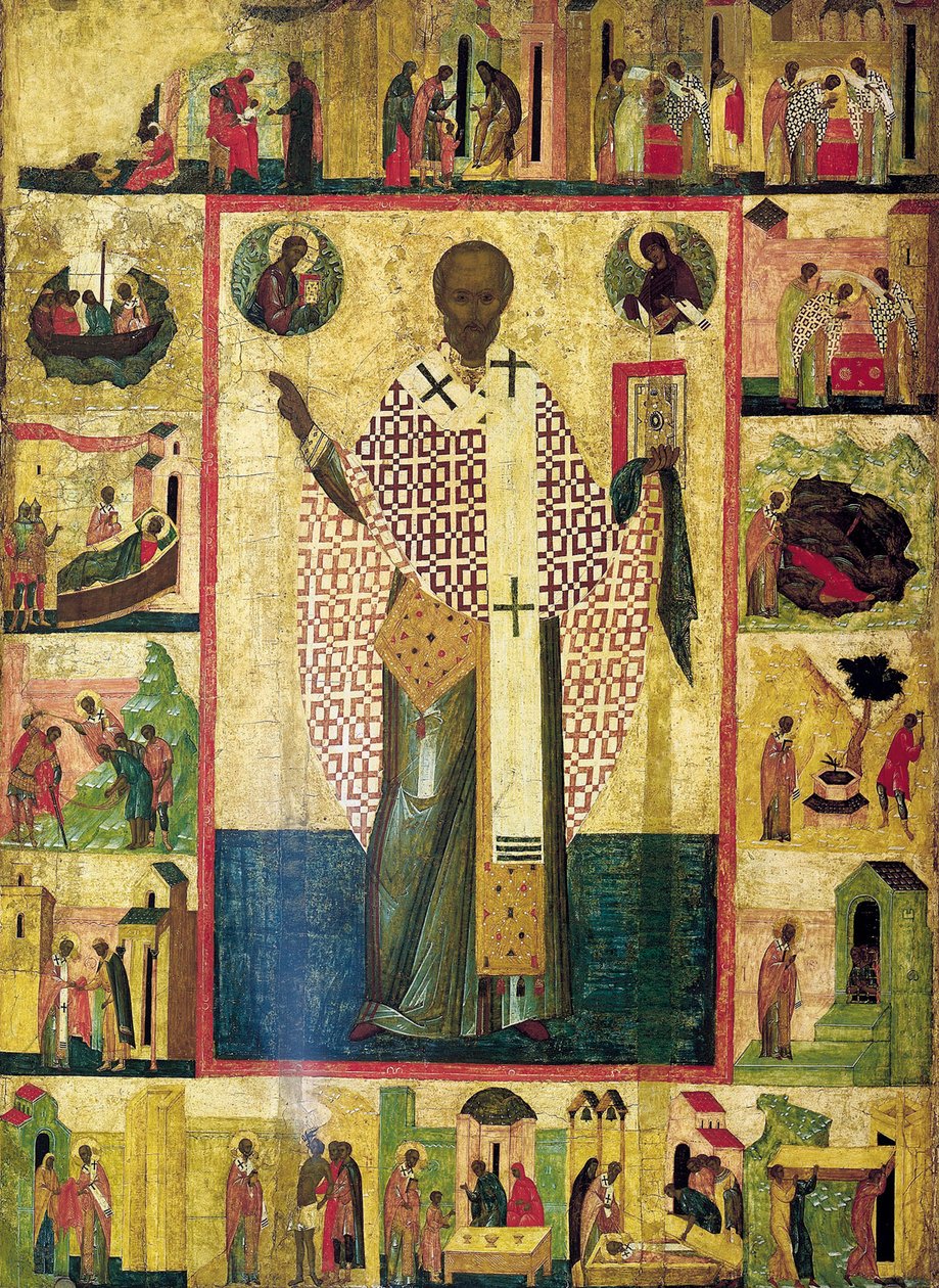 Pyhä Nikolaus Zaraiskilainen kohtauksineen elämästään, 1500-luvun alku. tekijältä Russian icon.