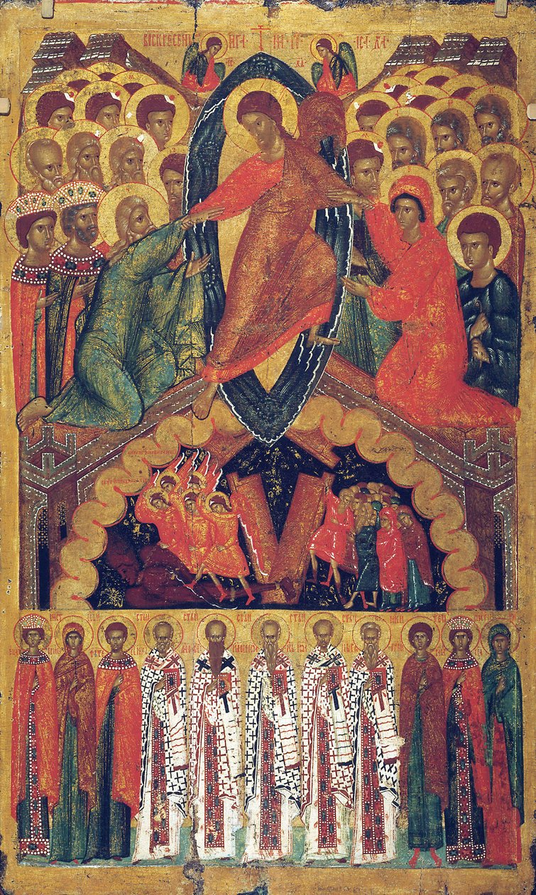 Laskeutuminen helvettiin, valittujen pyhien kanssa, 1400-luvun loppu. tekijältä Russian icon.