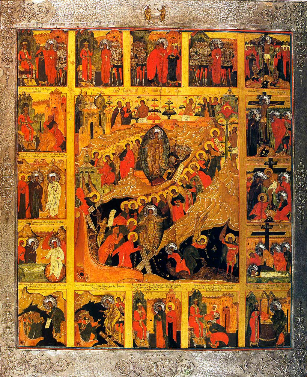 Laskeutuminen helvettiin Kristuksen kärsimyksen kohtauksilla, 1500-luku. tekijältä Russian icon.