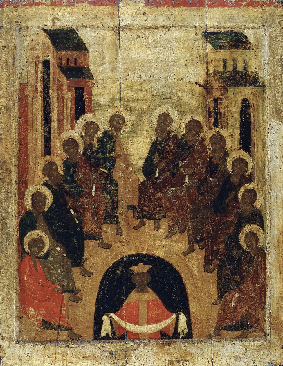 Pyhän Hengen laskeutuminen apostolien päälle, 1410. tekijältä Russian icon.